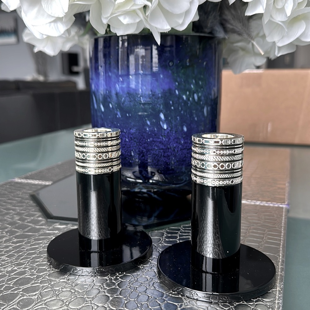 Vera Wang Black Glass Candlestick Holders with Silver Accent Rings